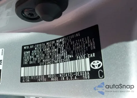 2021 Toyota Corolla Se z USA, uszkodzony, nr VIN 5YFS4MCE7MP062485